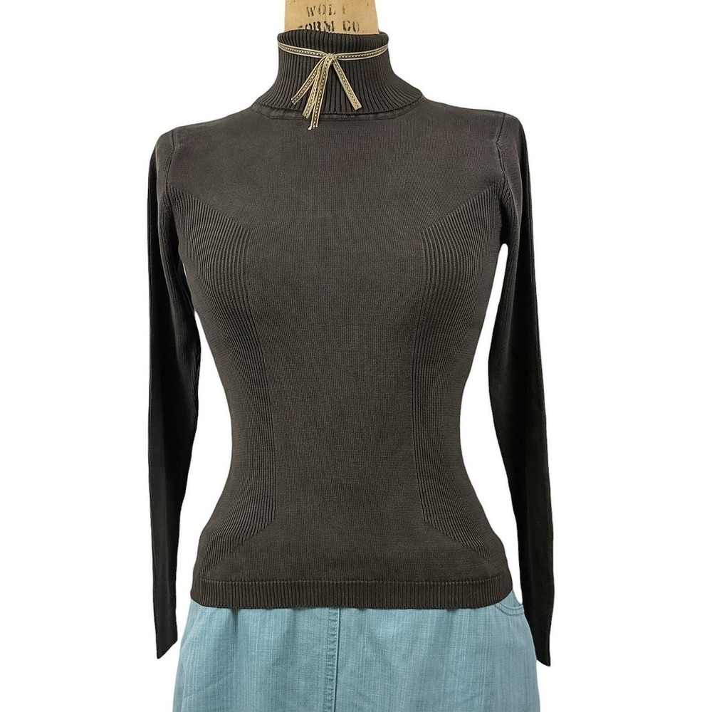 90s Dark Brown 100% Silk Ribbed Knit Turtleneck Sweater Old Money Votre Nom Lux